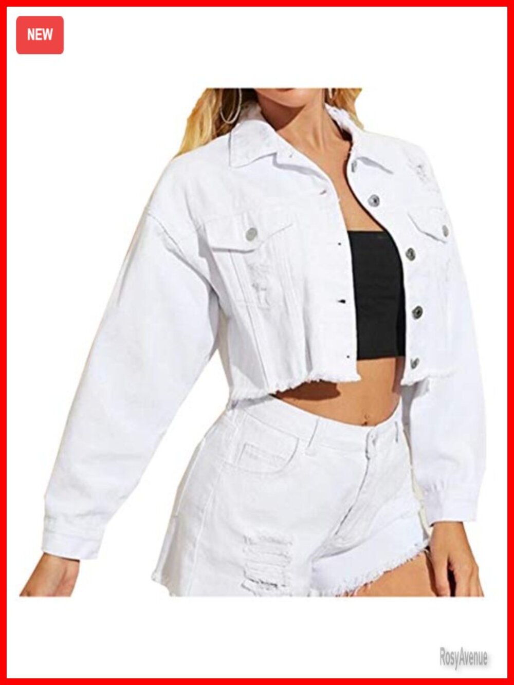 Women's Cropped Ripped Distressed Denim Jean Jacket Coat with Frayed Hem